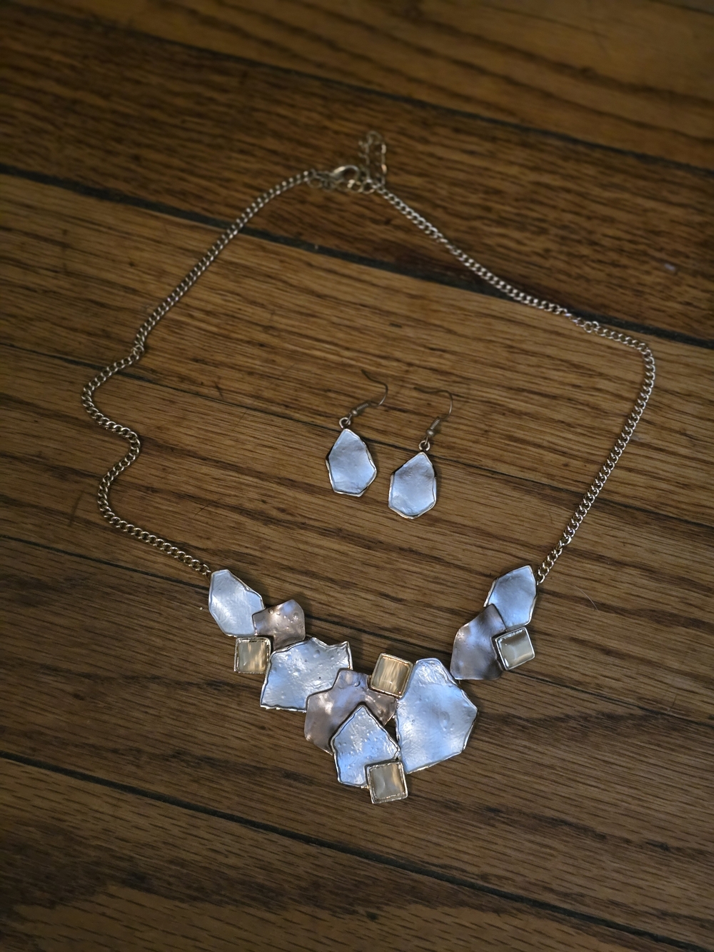 Gold and Silver Abstract Necklace and Earrings